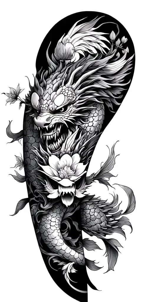 Japanese leg sleeve, with samurai, cherry blossom, koi and demon mask all linked and entwined with a dragon tattoo design idea