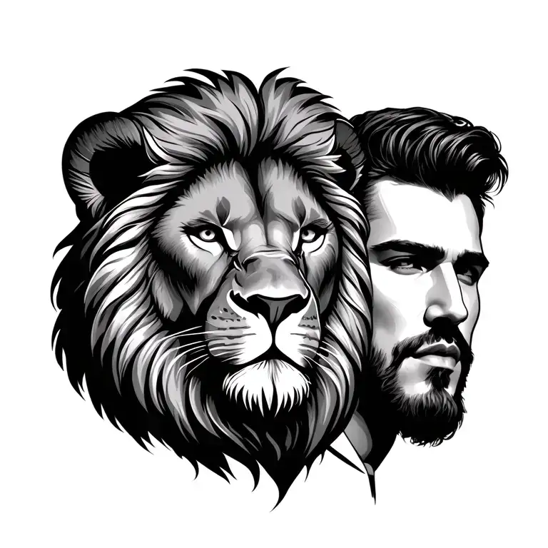 lion face and man face incorporated tattoo design idea
