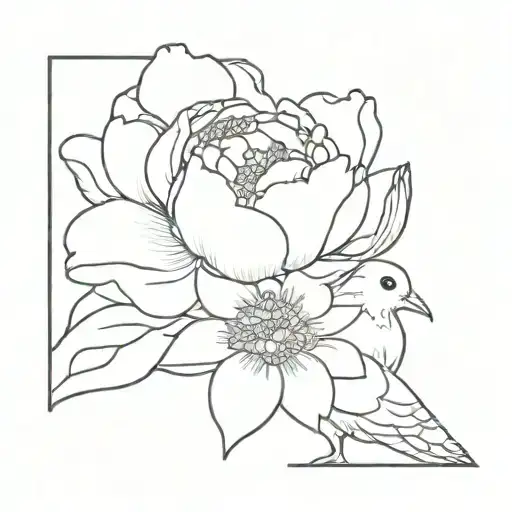 peony flower and rabbit and mourning dove tattoo design idea