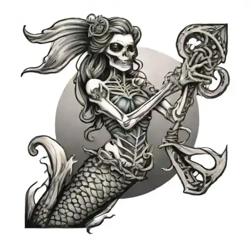 skeleton mermaid holding a trident and rope tattoo design idea