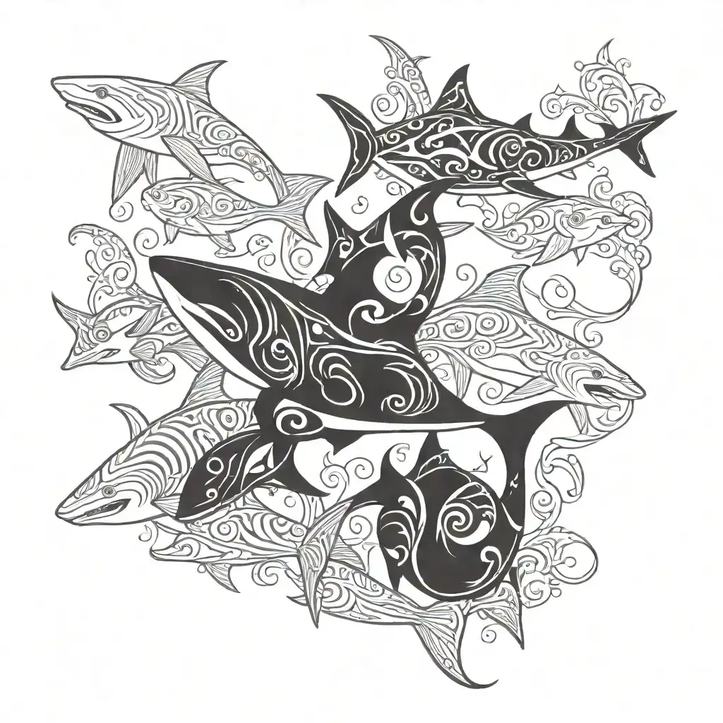 shark dolphin stingray fish sea horse tattoo design idea