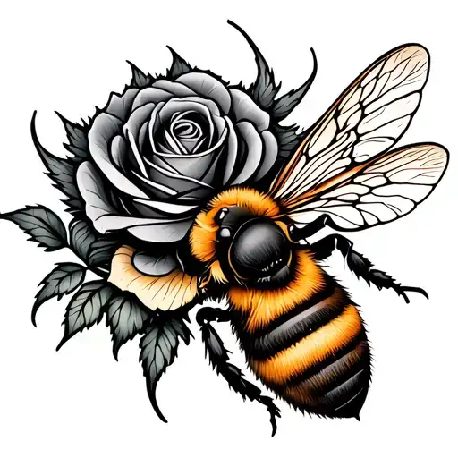 Fine line. Right side half of a bee. Left in the shape of the beex a rose, thistle tattoo design idea