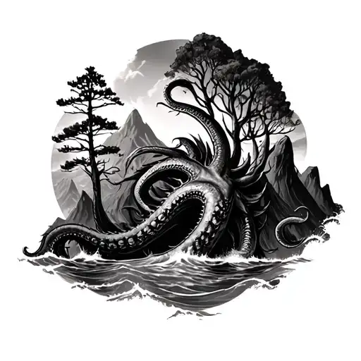 mountains with trees/ ocean and giant kraken sea monster tattoo design idea