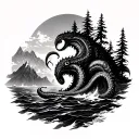 mountains with trees/ ocean and giant kraken sea monster tattoo design idea