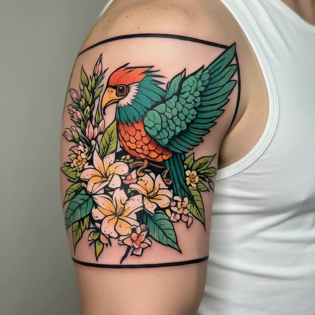 quetzal bird with yucca plant and frangipani  tattoo design idea