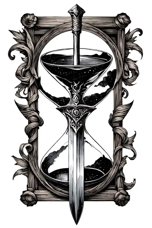 non drawn sword and hourglass, roman style, black and white, forearm and ellbow tattoo tattoo design idea
