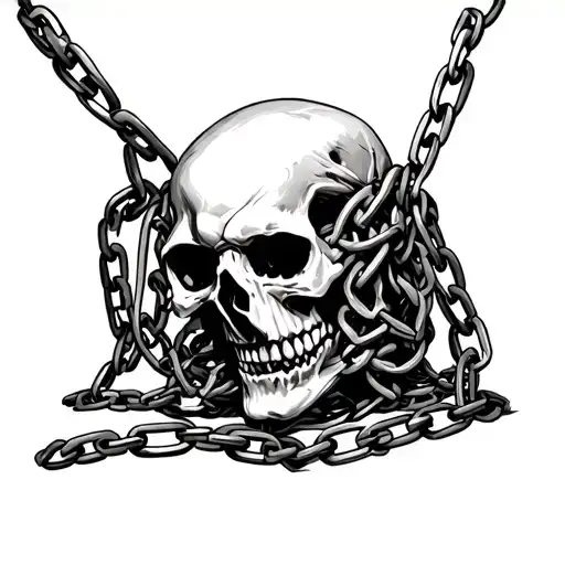 skull wrapped in chains and biting on the chains forming tattoo design idea