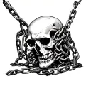 skull wrapped in chains and biting on the chains forming tattoo design idea