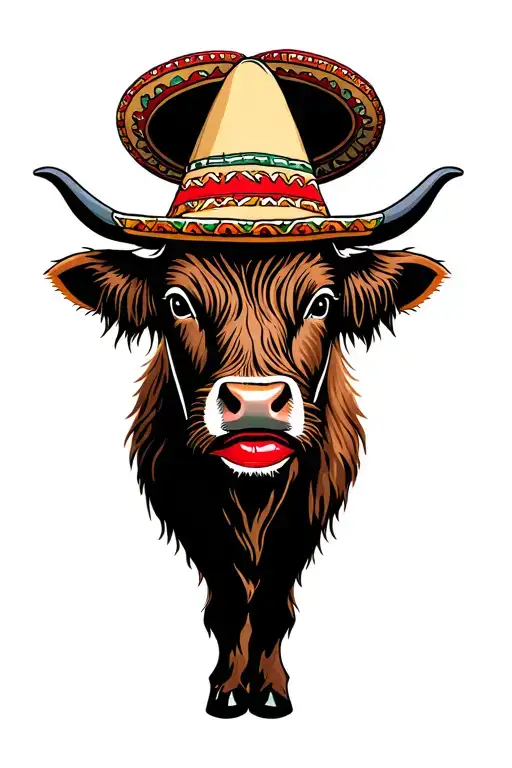 highland cow head wearing sombrero female red lips tattoo design idea