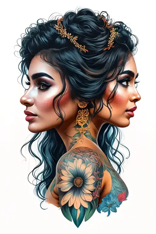 two Gemini woman looking over there  shoulders tattoo design idea