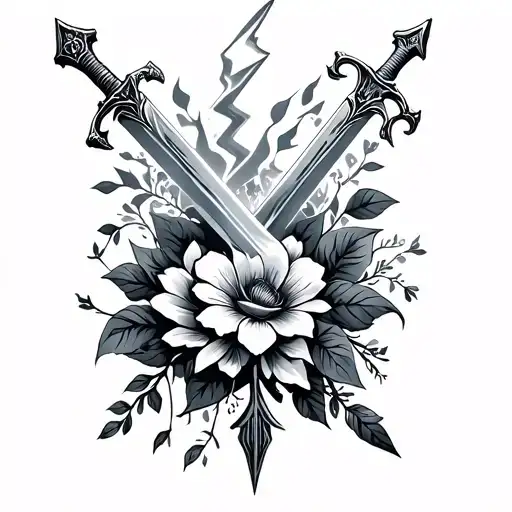 Combine gothic and fantasy elements with swords, flowers, and lightning in a black-grey style tattoo tattoo design idea