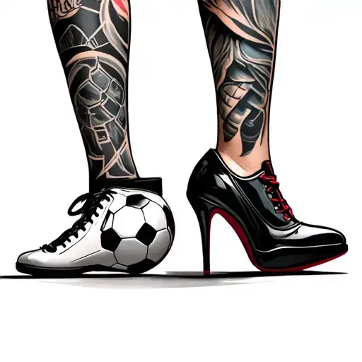 Two legs one with football shoes and the other with women's heels and a soccer ball tattoo design idea