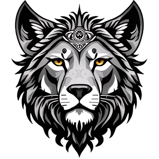 lion, hamsa hand, wolf and african leader symbol intertwined tattoo design idea