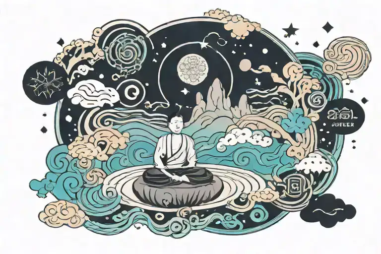 A Zen garden scene with a meditating figure in the center, surrounded by swirling patterns of thought bubbles and philosophical quotes in different languages tattoo design idea