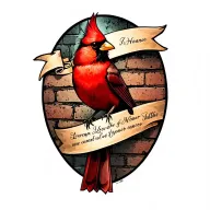 A tattoo design of a red cardinal perched on a brick wall, with a banner wrapped around it containing your father's name and a tribute to your mother's battle against cancer, symbolizing strength and love in the face of adversity tattoo design idea