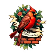 A tattoo design of a red cardinal perched on a brick wall, with a banner wrapped around it containing your father's name and a tribute to your mother's battle against cancer, symbolizing strength and love in the face of adversity tattoo design idea