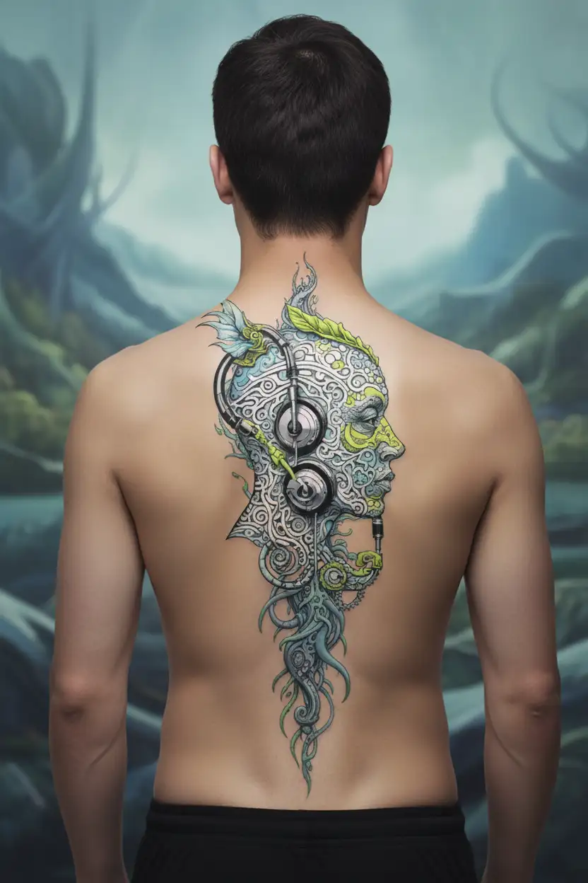 cameleon listening to techno music tattoo design idea