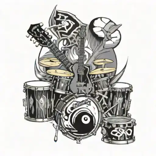drums and guitar with cross surrounded tattoo design idea