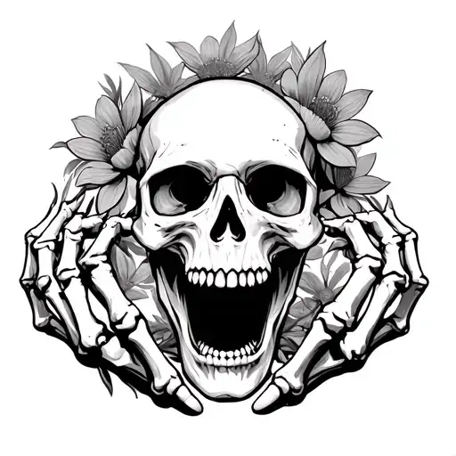 forward facing skull screaming with skeleton hands clawing on each side of skull with flowers growing from within up  tattoo design idea