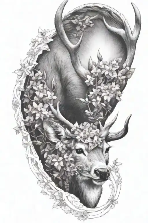 whitetail deer wrapped in lilacs tattoo design idea