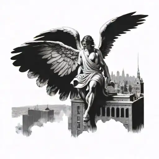 Guardian angel perched on edge of building with sword above burning city scape tattoo design idea
