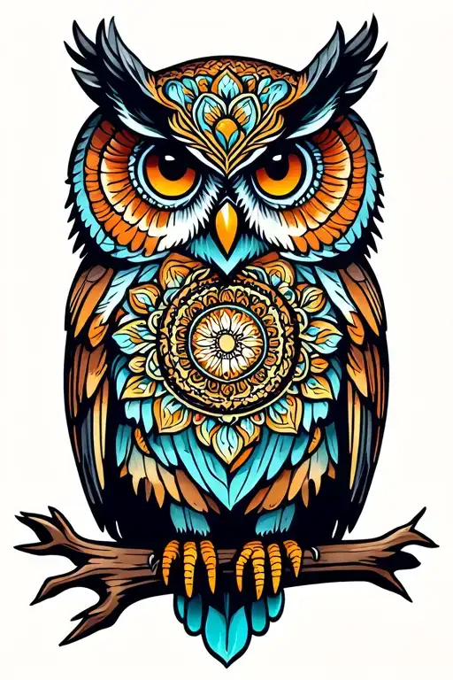 An owl perched on a branch with a mandala design on its chest, symbolizing inner strength and growth tattoo design idea