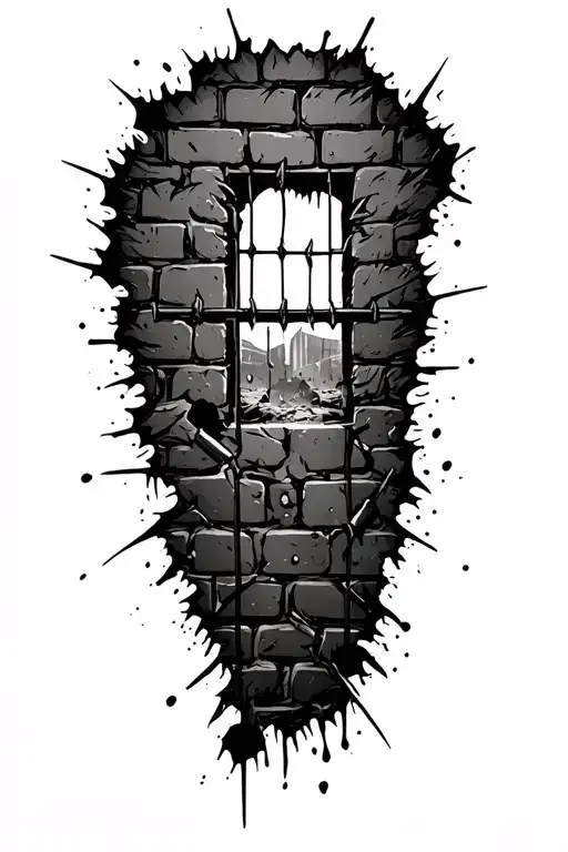 broken brick wall bullet wounds prison fence with an opening  tattoo design idea