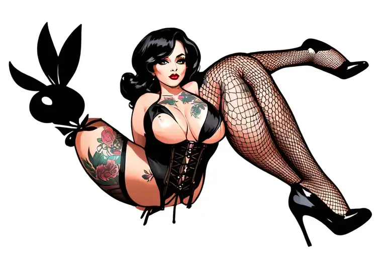 Playboy Bunny girl, sexy, wide hips, petite, Huge boobs, corset, fishnet stockings, G-String, cleavage, stripper  tattoo design idea