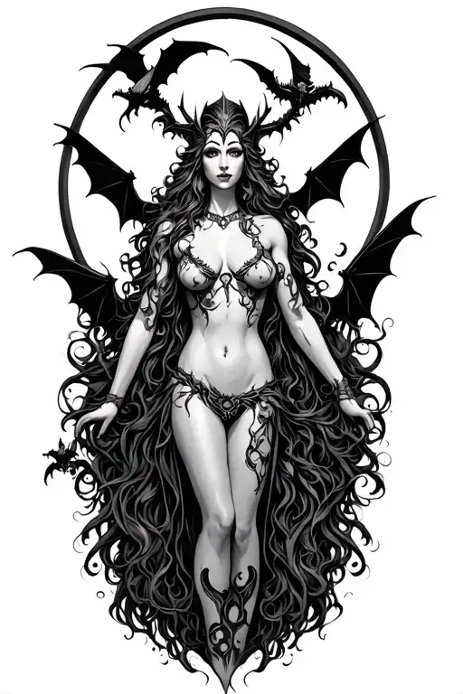 nyx goddess with bats and moon rising tattoo design idea
