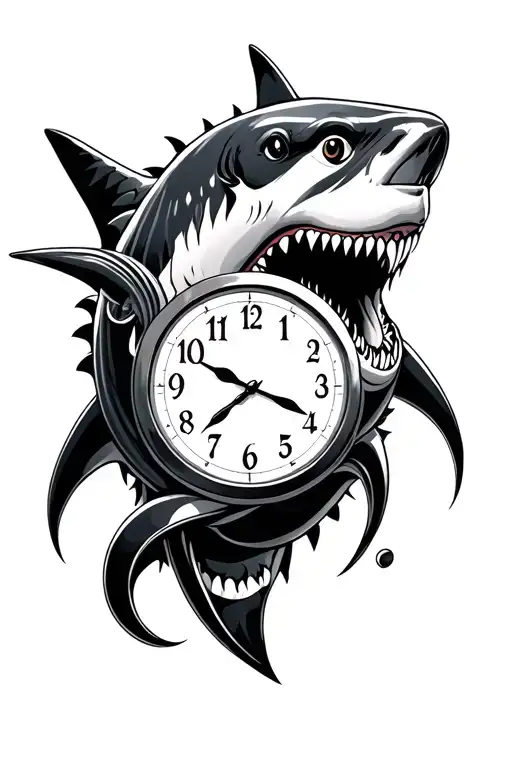 infinity symbol clock surrounded shark head surrounded tattoo design idea
