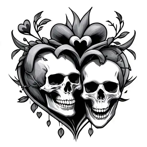 skulls and hearts one heart tattoo design idea