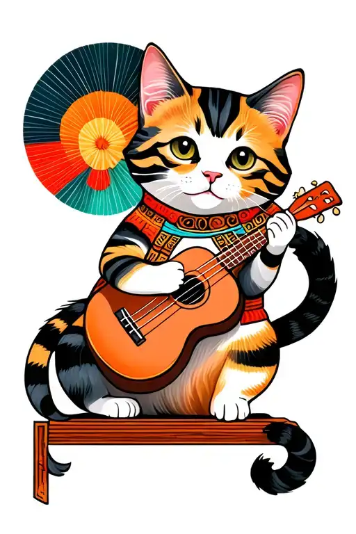 striped cat with a multicolored coat — black, white, ginger, and gray. The cat is sitting on a tall, playing ukulele  tattoo design idea