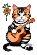 striped cat with a multicolored coat — black, white, ginger, and gray. The cat is sitting on a tall, playing ukulele  tattoo design idea