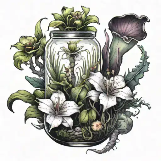An arm sleeve design of exotic carnivorous plants in a terrarium, showcasing the client's love for unique and intriguing flora tattoo design idea