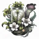 An arm sleeve design of exotic carnivorous plants in a terrarium, showcasing the client's love for unique and intriguing flora tattoo design idea