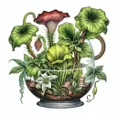 An arm sleeve design of exotic carnivorous plants in a terrarium, showcasing the client's love for unique and intriguing flora tattoo design idea