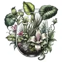 An arm sleeve design of exotic carnivorous plants in a terrarium, showcasing the client's love for unique and intriguing flora tattoo design idea