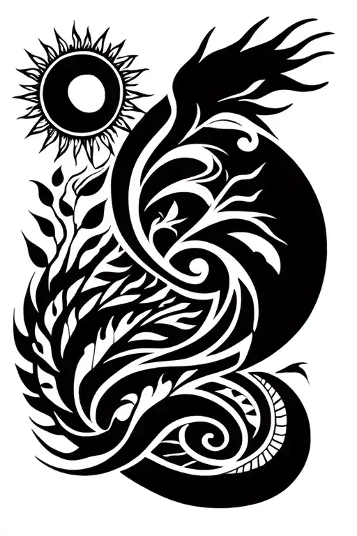 tribal design including army elements, tree of life, dna strand, goddess sun moon, dragon tattoo design idea