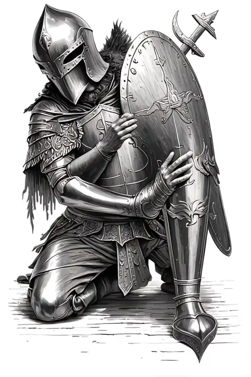 Templar knight kneeling praying with hand on a shield tattoo design idea
