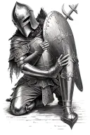 Templar knight kneeling praying with hand on a shield tattoo design idea