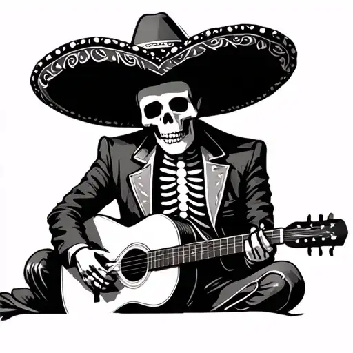 mariachi skeleton sitting down playing guitar tattoo design idea