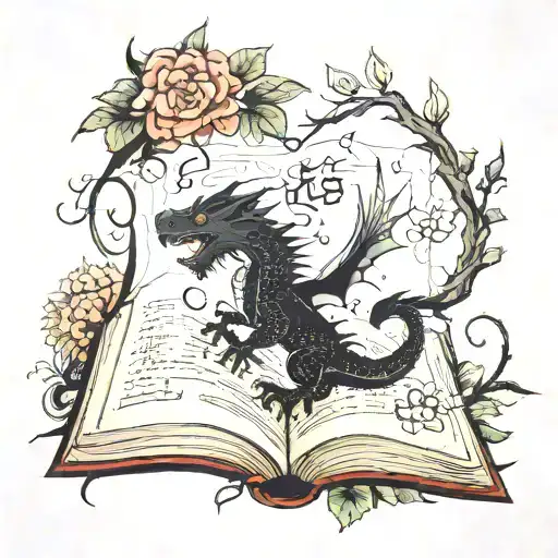old books winged  black dragon, wind and stars,  word's, light & butterflies, flowers and leafy vines curling outward tattoo design idea