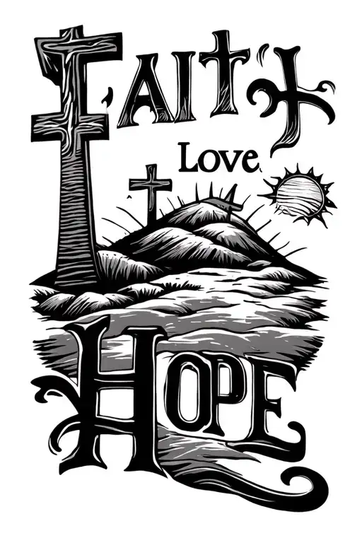 "Faith, Love, Hope" 3 crosses on a hill with the sun tattoo design idea