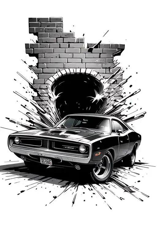 1969 dodge charger breaking through a brick wall with the car at a side angle  tattoo design idea