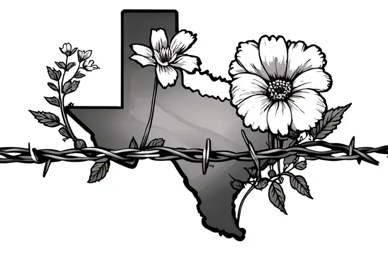 barbed wire with Texas state flower blooming out on top and Tennessee state flower blooming from the bottom tattoo design idea