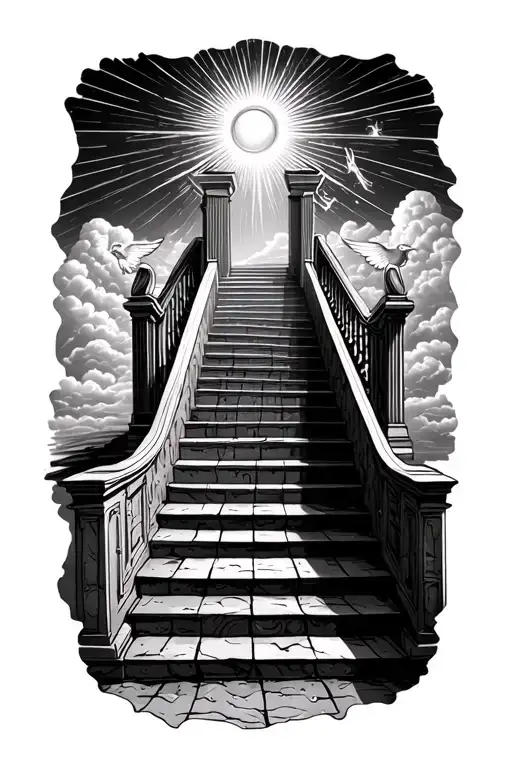 stairway to heaven walking up stairs angels sun rays clouds heaven gate at the top of the stairs  tattoo design idea