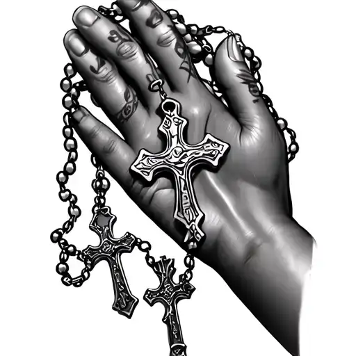 a rosary tangled in the doll of the hand and that the cross is tattooed on the middle finger tattoo design idea