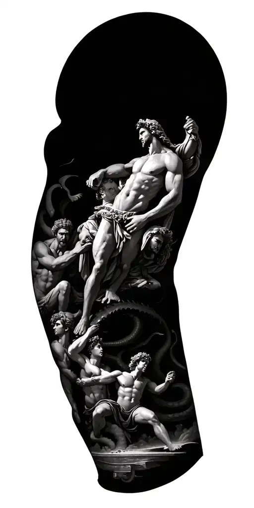 full sleeve black and grey Zeus at the top Apollo with chariot Athena and Hermes in middle Poseidon fighting a kraken at tattoo design idea