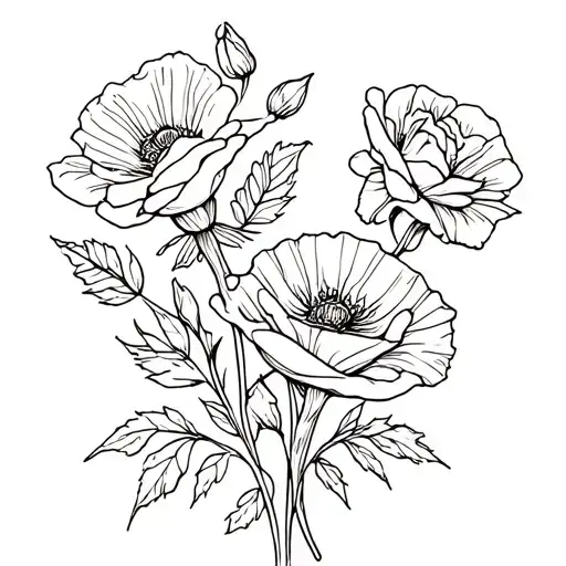 A bouquet of flowers with a rose, a poppy and another flower tattoo design idea