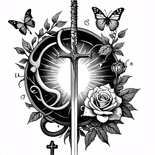 arrow tattoo with inside a sunrise, a semicolon, a cross, a rose, a butterfly, a sword + snake tattoo design idea